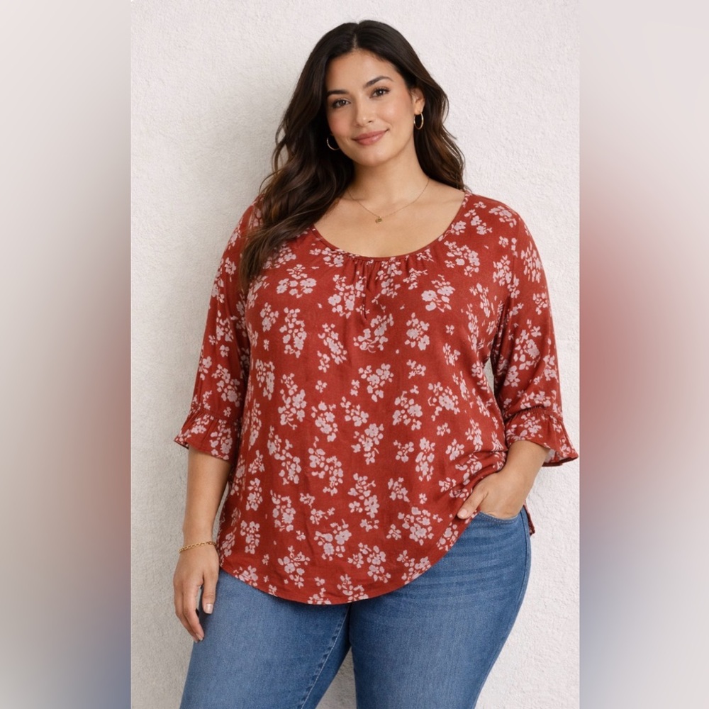 Tua Plus 3XL Rust Floral Blouse Scoop Neck Flowy Boho Plus Size Top